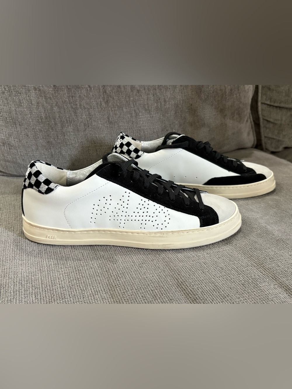 P448 John White Black Silver Glitter Checkerboard Leather Sneakers Womens